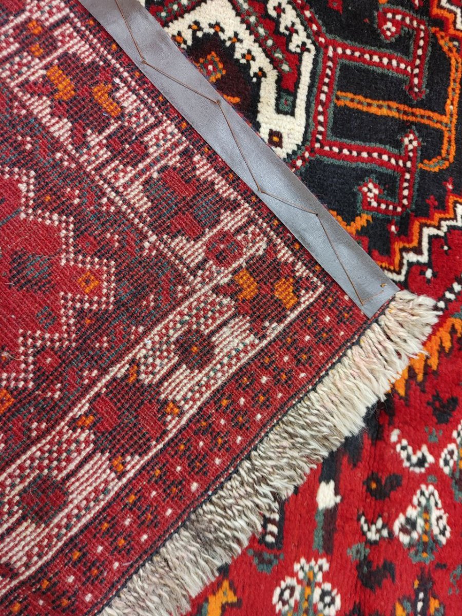 画像9: 良品 ペルシャ 部族絨毯 シラーズ 196 x 160 cm ウール 手織り 赤 ネイビー 青  縦1.9m 横1.6m 3.0m 2 〜3帖 リビング ダイニング 3人掛けソファ サイズ ウール 手織り トライバル ラグ 部族絨毯 マット カーペット 淡マルチカラー トランジ ビンテージ MAAD501-196160Z037 (9)