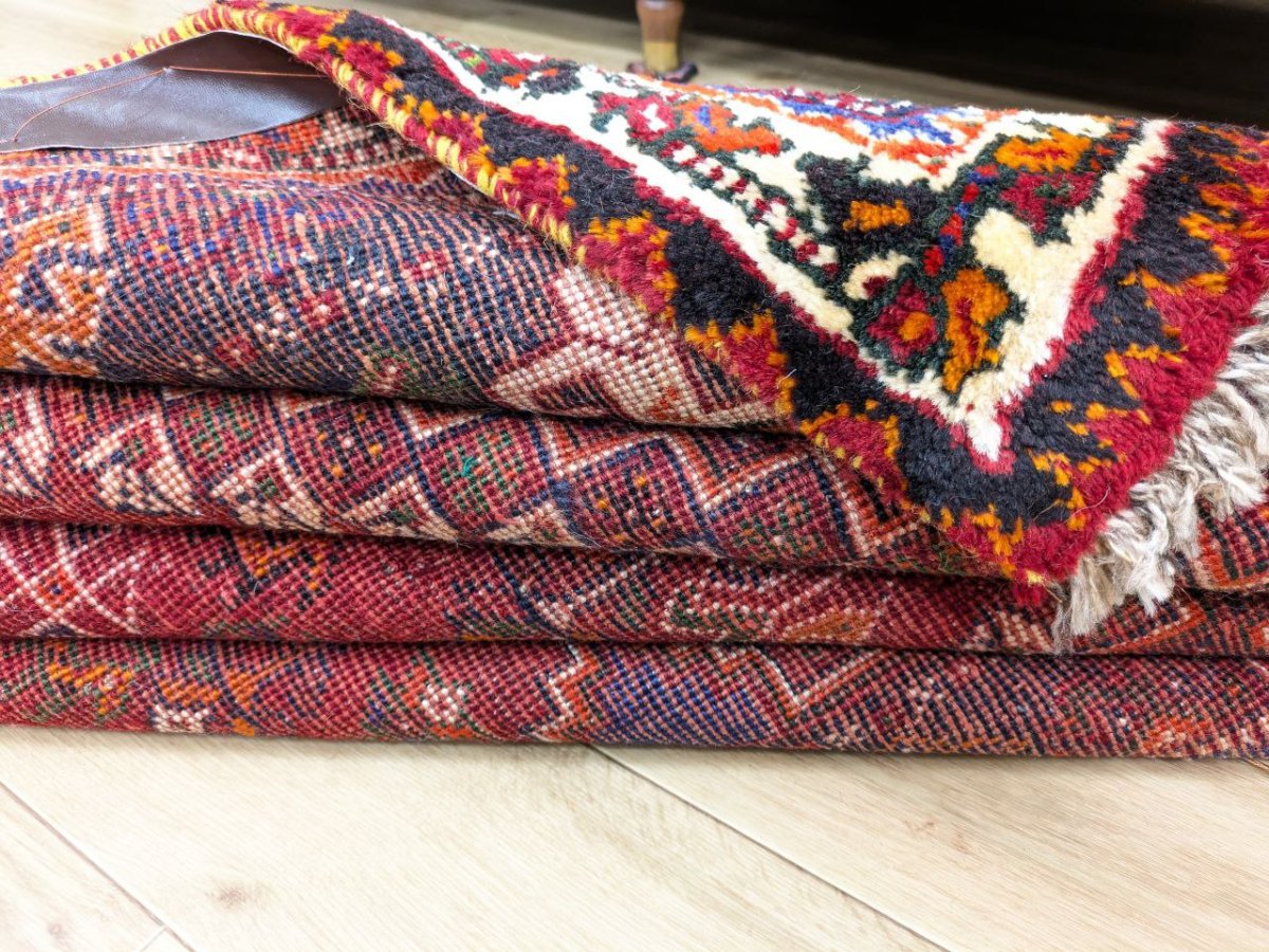 画像15: 良品 ペルシャ 部族絨毯 シラーズ 213 x 140 cm ウール 手織り 赤 ネイビー 青  縦2.1m 横1.4m 2.9m 2 〜3帖 リビング ダイニング 3人掛けソファ サイズ ウール 手織り トライバル ラグ 部族絨毯 マット カーペット 淡マルチカラー トランジ ビンテージ MAAD535-213140Z035 (15)