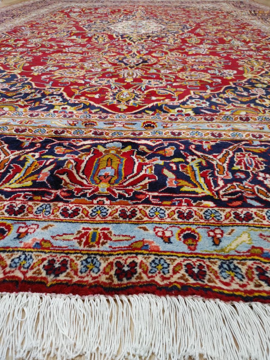 画像10: 美品 ペルシャ 絨毯 カシャーン リビング ダイニング 大判 8.7m 10畳 3人掛けソファ サイズ  354 x 245 cm 肉厚 ウール 手織り トライバル ラグ 天然 敷物 マット カーペット 赤 メダリオン ヴィンテージ ビンテージ MA430-AB441-354245Z040 (10)