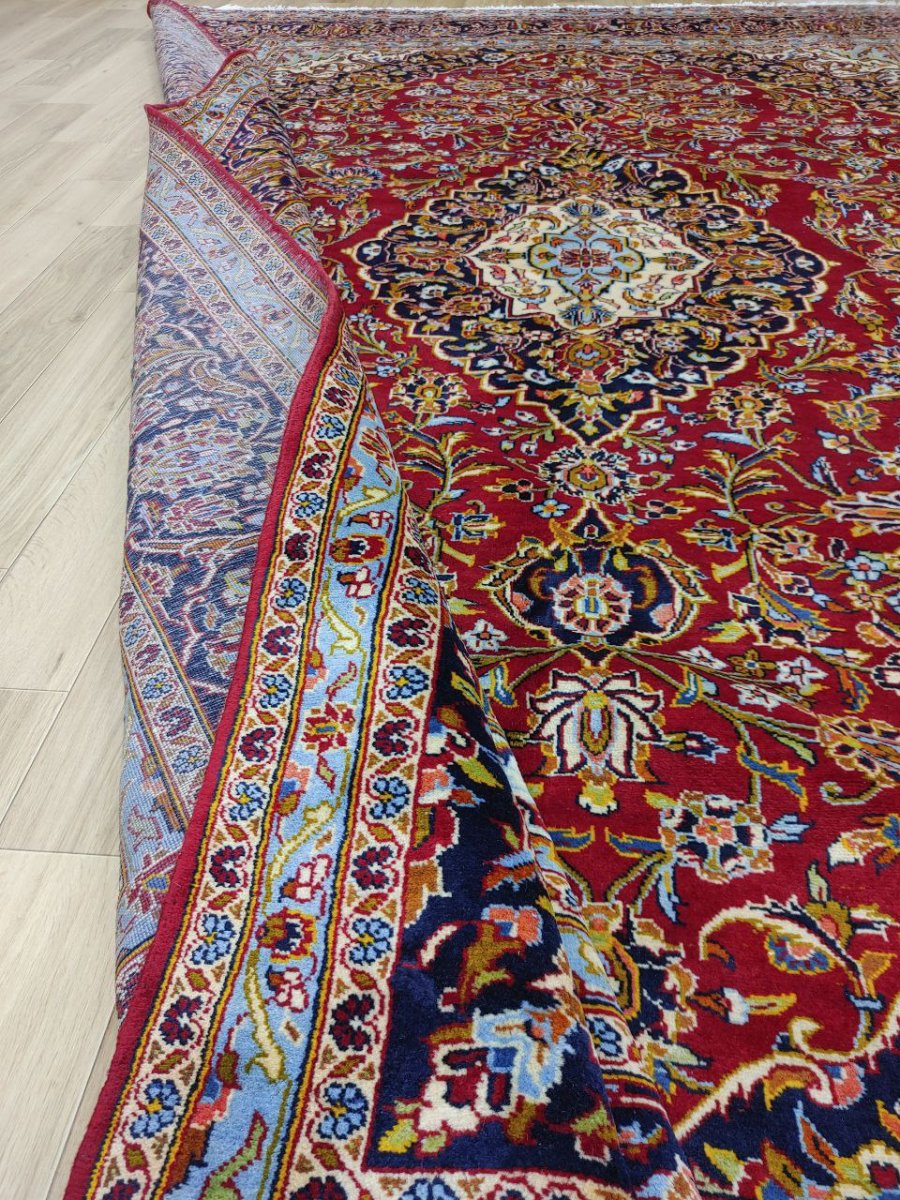画像12: 美品 ペルシャ 絨毯 カシャーン リビング ダイニング 大判 8.7m 10畳 3人掛けソファ サイズ  354 x 245 cm 肉厚 ウール 手織り トライバル ラグ 天然 敷物 マット カーペット 赤 メダリオン ヴィンテージ ビンテージ MA430-AB441-354245Z040 (12)