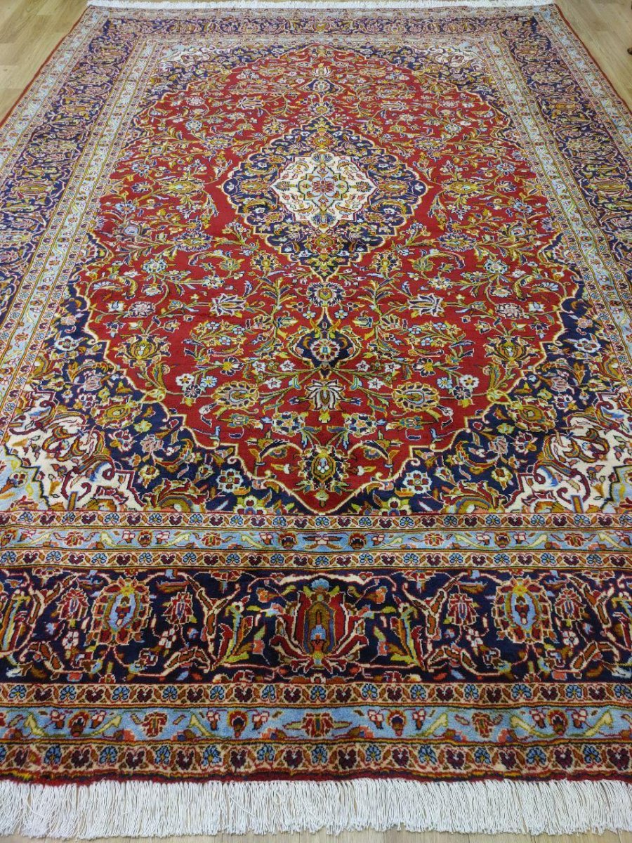 画像3: 美品 ペルシャ 絨毯 カシャーン リビング ダイニング 大判 8.7m 10畳 3人掛けソファ サイズ  354 x 245 cm 肉厚 ウール 手織り トライバル ラグ 天然 敷物 マット カーペット 赤 メダリオン ヴィンテージ ビンテージ MA430-AB441-354245Z040 (3)