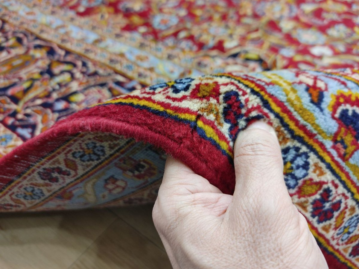 画像18: 美品 ペルシャ 絨毯 カシャーン リビング ダイニング 大判 8.7m 10畳 3人掛けソファ サイズ  354 x 245 cm 肉厚 ウール 手織り トライバル ラグ 天然 敷物 マット カーペット 赤 メダリオン ヴィンテージ ビンテージ MA430-AB441-354245Z040 (18)