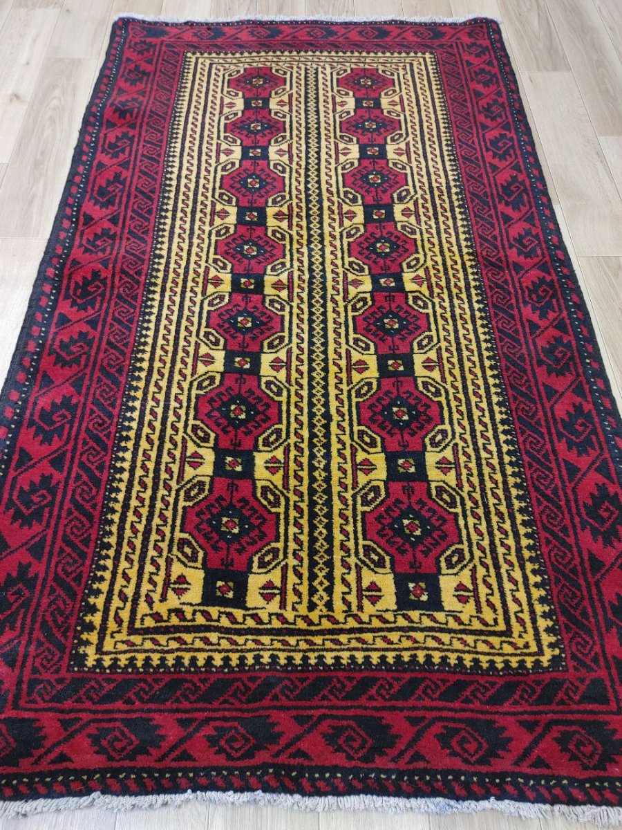 画像3: 良品 ペルシャ 部族絨毯 バルーチ174 x 100 cm 黄色 クリーム トランジ 縦ストライプ 総柄 MAAD279-174100Z013 (3)