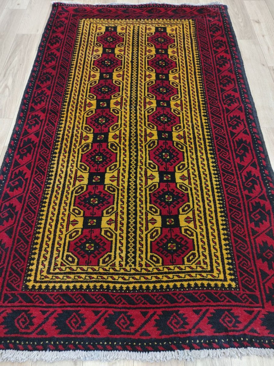 画像2: 良品 ペルシャ 部族絨毯 バルーチ174 x 100 cm 黄色 クリーム トランジ 縦ストライプ 総柄 MAAD279-174100Z013 (2)