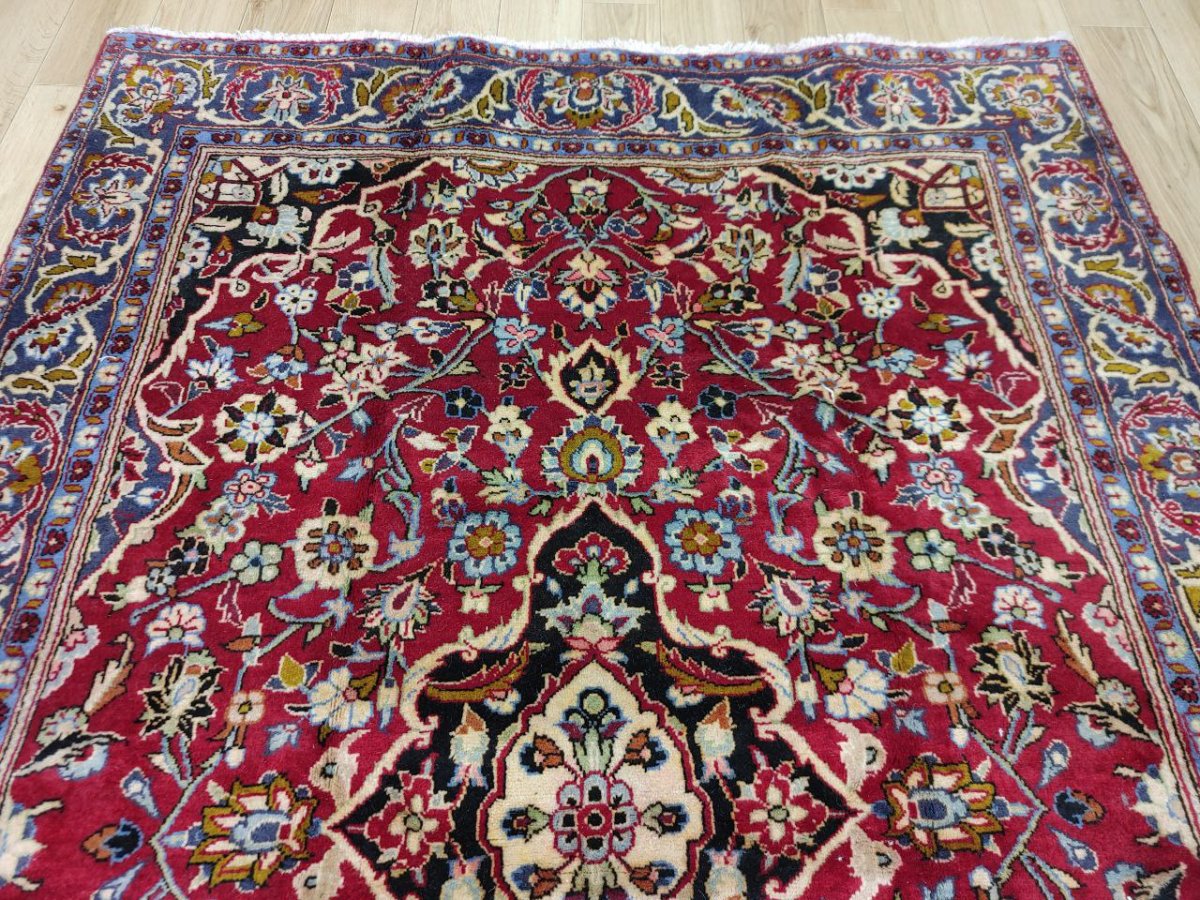 画像12: 良品 ペルシャ 絨毯 カシャーン 産 225 x 150 cm 縦2.3m 横1.5m 3.5㎡ 4帖程度 リビング ダイニング 2-3人掛けソファ サイズ ウール 手織り ラグ 敷物 カーペット メダリオン 赤 ビンテージ MAAD663-225150Z027 (12)