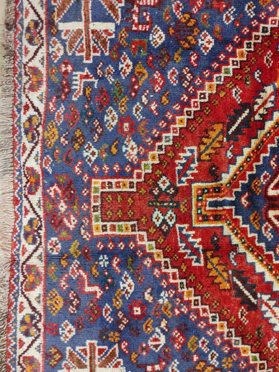 画像5: 良品 ペルシャ 部族絨毯 シラーズ 200 x 150 cm ウール 手織り 赤 ネイビー 青  縦2.0m 横1.5m 3.0m 2 〜3帖 リビング ダイニング 3人掛けソファ サイズ ウール 手織り トライバル ラグ 部族絨毯 マット カーペット 淡マルチカラー トランジ ビンテージ MAAD516-200150Z036 (5)