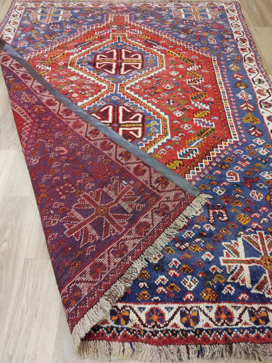 画像3: 良品 ペルシャ 部族絨毯 シラーズ 200 x 150 cm ウール 手織り 赤 ネイビー 青  縦2.0m 横1.5m 3.0m 2 〜3帖 リビング ダイニング 3人掛けソファ サイズ ウール 手織り トライバル ラグ 部族絨毯 マット カーペット 淡マルチカラー トランジ ビンテージ MAAD516-200150Z036 (3)