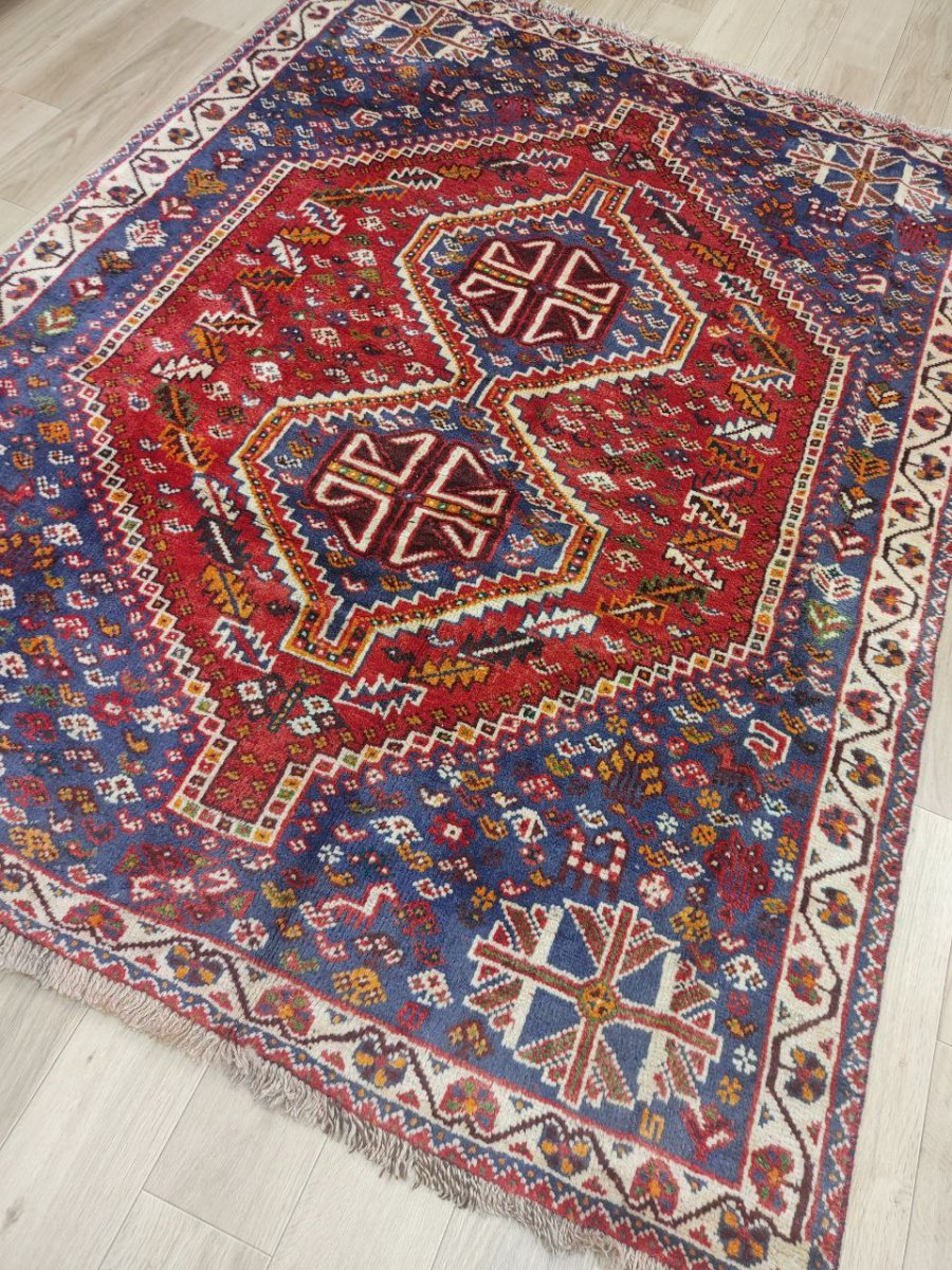 画像4: 良品 ペルシャ 部族絨毯 シラーズ 200 x 150 cm ウール 手織り 赤 ネイビー 青  縦2.0m 横1.5m 3.0m 2 〜3帖 リビング ダイニング 3人掛けソファ サイズ ウール 手織り トライバル ラグ 部族絨毯 マット カーペット 淡マルチカラー トランジ ビンテージ MAAD516-200150Z036 (4)