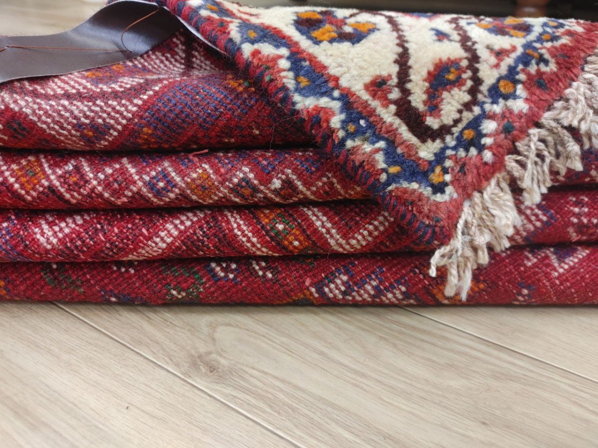 画像11: 良品 ペルシャ 部族絨毯 シラーズ 200 x 150 cm ウール 手織り 赤 ネイビー 青  縦2.0m 横1.5m 3.0m 2 〜3帖 リビング ダイニング 3人掛けソファ サイズ ウール 手織り トライバル ラグ 部族絨毯 マット カーペット 淡マルチカラー トランジ ビンテージ MAAD516-200150Z036 (11)