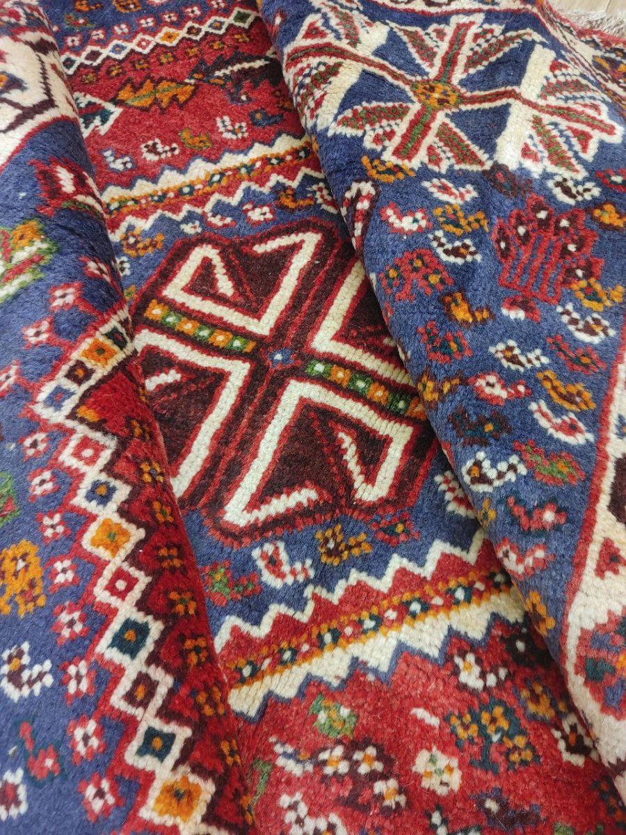 画像8: 良品 ペルシャ 部族絨毯 シラーズ 200 x 150 cm ウール 手織り 赤 ネイビー 青  縦2.0m 横1.5m 3.0m 2 〜3帖 リビング ダイニング 3人掛けソファ サイズ ウール 手織り トライバル ラグ 部族絨毯 マット カーペット 淡マルチカラー トランジ ビンテージ MAAD516-200150Z036 (8)