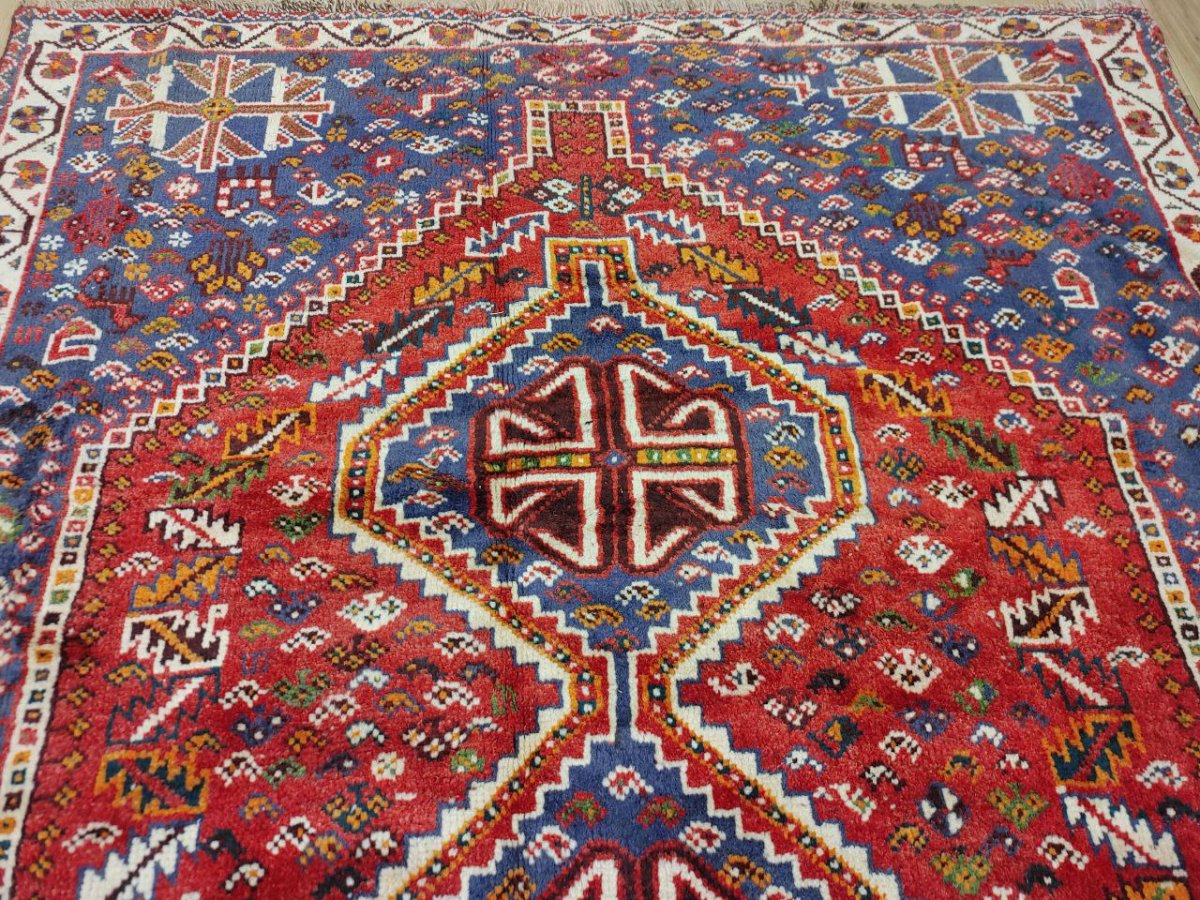 画像7: 良品 ペルシャ 部族絨毯 シラーズ 200 x 150 cm ウール 手織り 赤 ネイビー 青  縦2.0m 横1.5m 3.0m 2 〜3帖 リビング ダイニング 3人掛けソファ サイズ ウール 手織り トライバル ラグ 部族絨毯 マット カーペット 淡マルチカラー トランジ ビンテージ MAAD516-200150Z036 (7)