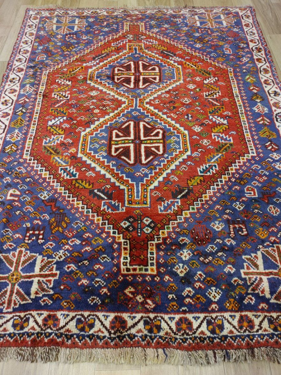 画像2: 良品 ペルシャ 部族絨毯 シラーズ 200 x 150 cm ウール 手織り 赤 ネイビー 青  縦2.0m 横1.5m 3.0m 2 〜3帖 リビング ダイニング 3人掛けソファ サイズ ウール 手織り トライバル ラグ 部族絨毯 マット カーペット 淡マルチカラー トランジ ビンテージ MAAD516-200150Z036 (2)