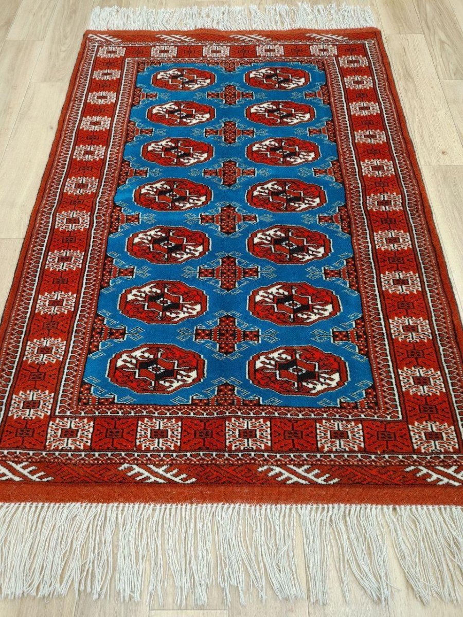 画像2: 新品 ペルシャ 部族絨毯 トルクメン 152 x 102 cm No.Z194 縦1.5m 横1.0m 1.5㎡ ~1帖 2-3人掛けソファ センターテーブル サイズ ウール 手織り ハンドメイド トライバル ラグ カーペット 幾何学模様 民族柄 青 赤 生成り色 MA452Z194-152102Z017 (2)