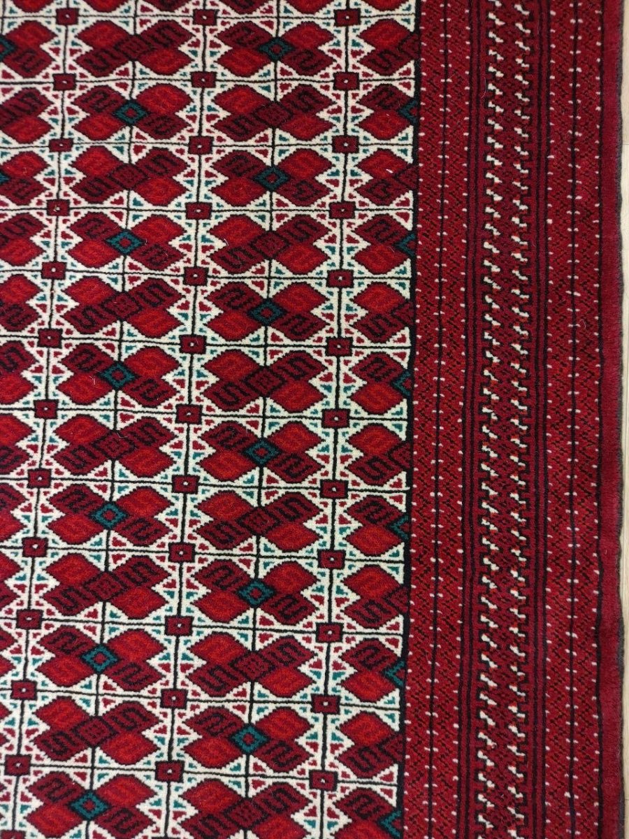 画像7: 新品 ペルシャ 部族絨毯 トルクメン 235 x 155 cm 縦2.3m 横1.5m 3.4㎡ ~2帖 2-3人掛けソファ センターテーブル サイズ ウール 手織り ハンドメイド トライバル ラグ カーペット 幾何学模様 民族柄 赤 白 黒 生成り色 MAR474-235155Z032 (7)