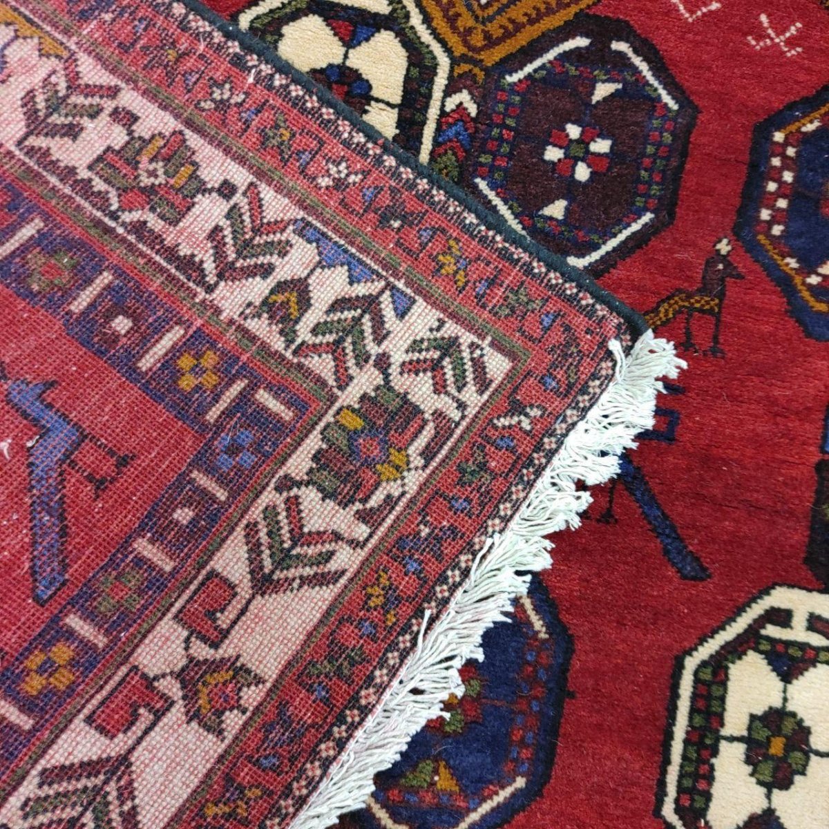 画像15: 良品 ペルシャ 部族絨毯 シールジャン 縦2.3m 横1.5m 3.4㎡ 〜3.5帖程度 リビング ダイニング 2〜3人掛けソファ センターテーブル サイズ 230 x 155 cm ウール 手織り トライバル ラグ 敷物 マット カーペット 幾何学模様 ヘイバトルー柄 ヴィンテージ ビンテージ  赤 レッド 紺 ネイビー MAR430-230155Z030 (15)