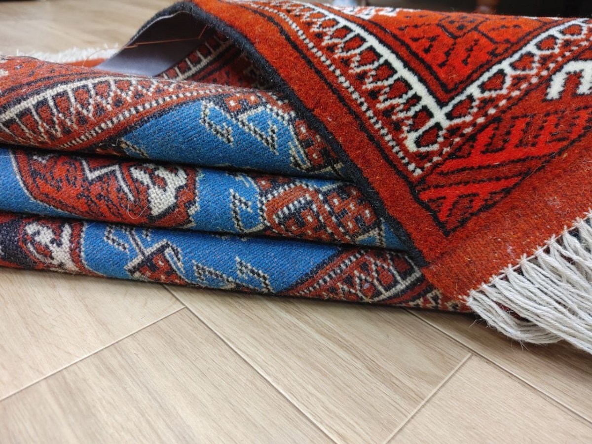 画像11: 新品 ペルシャ 部族絨毯 トルクメン 152 x 102 cm No.Z194 縦1.5m 横1.0m 1.5㎡ ~1帖 2-3人掛けソファ センターテーブル サイズ ウール 手織り ハンドメイド トライバル ラグ カーペット 幾何学模様 民族柄 青 赤 生成り色 MA452Z194-152102Z017 (11)