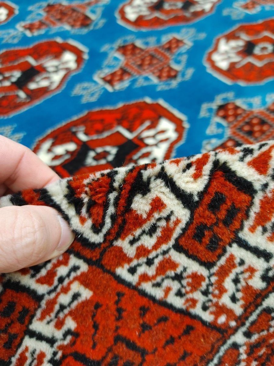 画像8: 新品 ペルシャ 部族絨毯 トルクメン 152 x 102 cm No.Z194 縦1.5m 横1.0m 1.5㎡ ~1帖 2-3人掛けソファ センターテーブル サイズ ウール 手織り ハンドメイド トライバル ラグ カーペット 幾何学模様 民族柄 青 赤 生成り色 MA452Z194-152102Z017 (8)