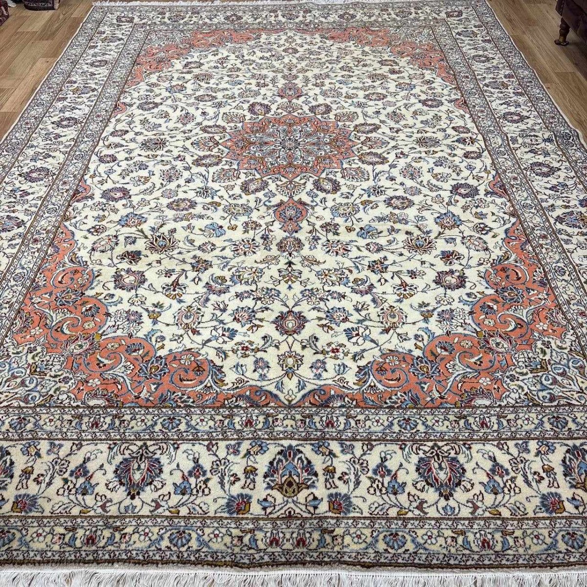 画像2: 美品 ペルシャ 絨毯 カシャーン リビング ダイニング 大判 8.8m 9畳 3人掛けソファ サイズ  355 x 250 cm 肉厚 ウール 手織り トライバル ラグ 天然 敷物 マット カーペット 赤 メダリオン ヴィンテージ ビンテージ MA457-270-355250Z060 (2)