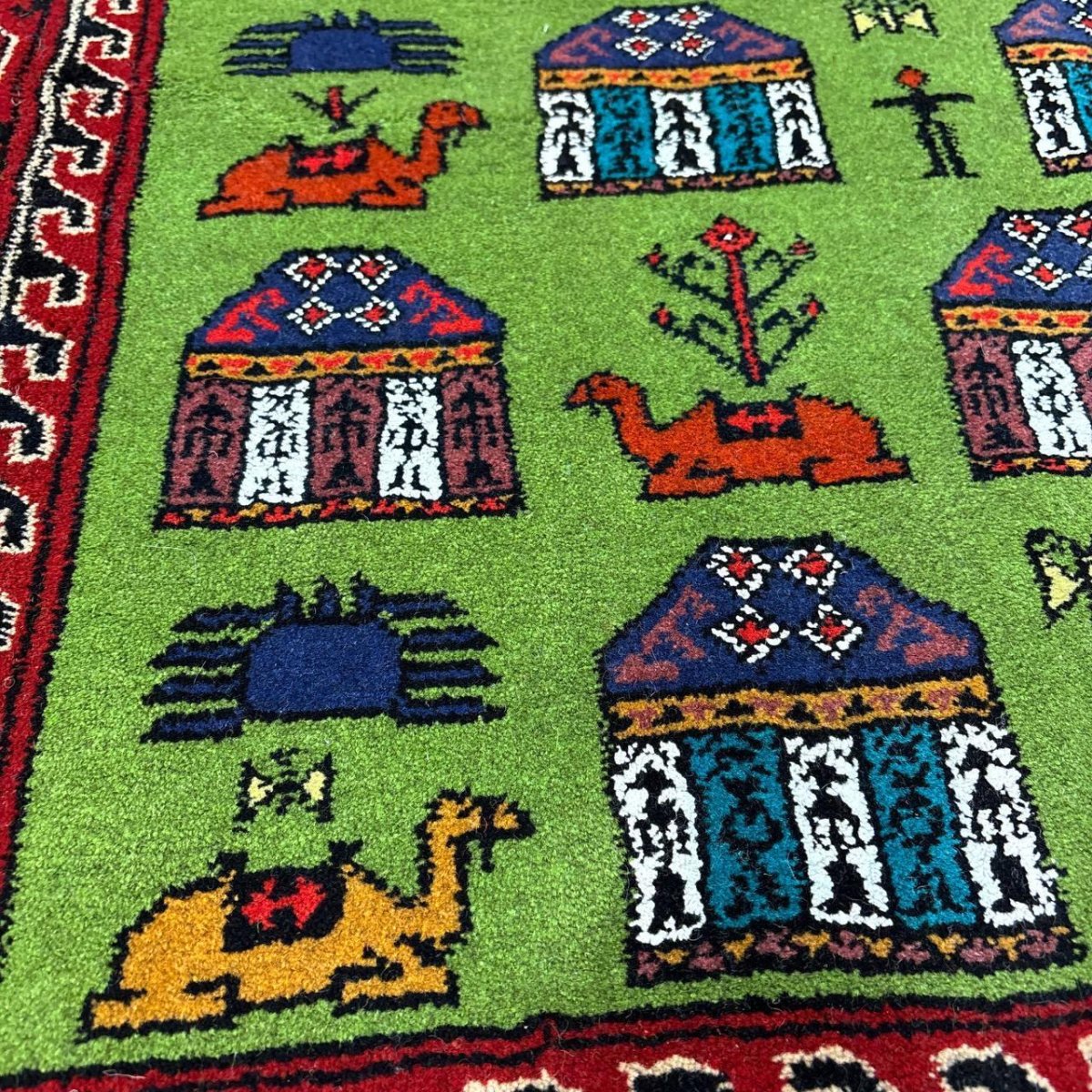 画像8: 新品 ペルシャ 部族絨毯 トルクメン 160 x 109 cm 縦1.6m 横1.1m 1.76㎡ ~1帖 2-3人掛けソファ センターテーブル サイズ ウール 手織り ハンドメイド トライバル ラグ カーペット 幾何学模様 民族柄 赤 緑 生成り色 MA461Z205-160109Z020 (8)