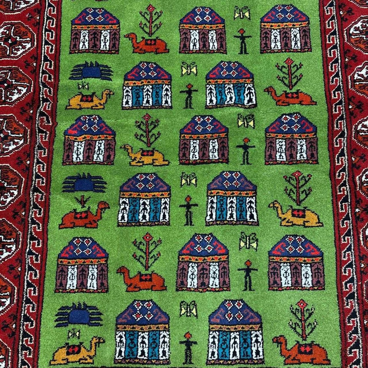 画像3: 新品 ペルシャ 部族絨毯 トルクメン 160 x 109 cm 縦1.6m 横1.1m 1.76㎡ ~1帖 2-3人掛けソファ センターテーブル サイズ ウール 手織り ハンドメイド トライバル ラグ カーペット 幾何学模様 民族柄 赤 緑 生成り色 MA461Z205-160109Z020 (3)