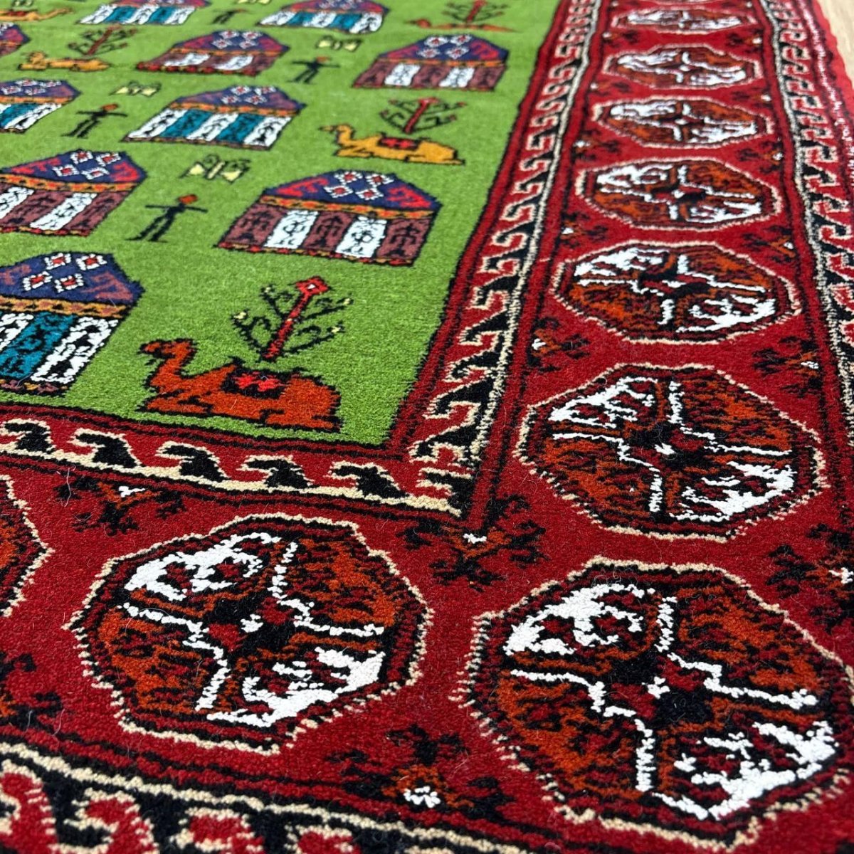 画像6: 新品 ペルシャ 部族絨毯 トルクメン 160 x 109 cm 縦1.6m 横1.1m 1.76㎡ ~1帖 2-3人掛けソファ センターテーブル サイズ ウール 手織り ハンドメイド トライバル ラグ カーペット 幾何学模様 民族柄 赤 緑 生成り色 MA461Z205-160109Z020 (6)