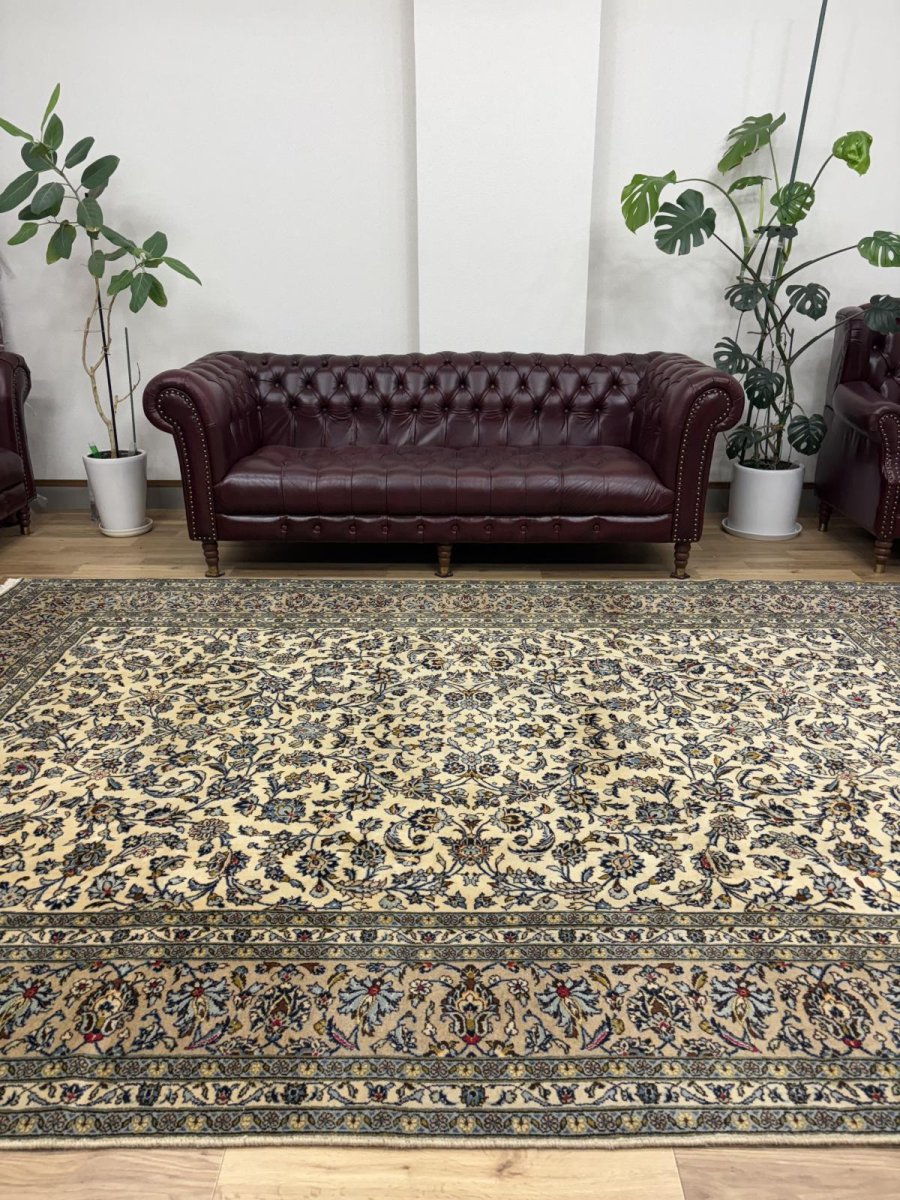 画像1: 美品 ペルシャ 絨毯 カシャーン リビング ダイニング 大判 8.3m 9畳 3人掛けソファ サイズ  343 x 242 cm 肉厚 ウール 手織り トライバル ラグ 天然 敷物 マット カーペット メダリオン ヴィンテージ ビンテージ MA479-A718-343242Z050 (1)