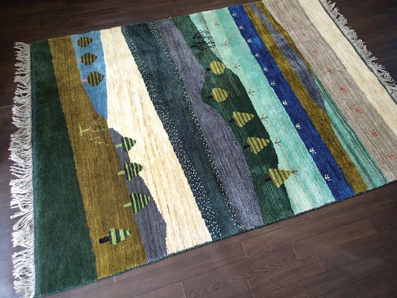 ペルシャ ギャッベ リビング サイズ 200 x 153 cm F166 ハンドメイド ギャベ 天然 ウール 手織り ラグ マット 絨毯 カーペット  クリーム 緑 青 藍
