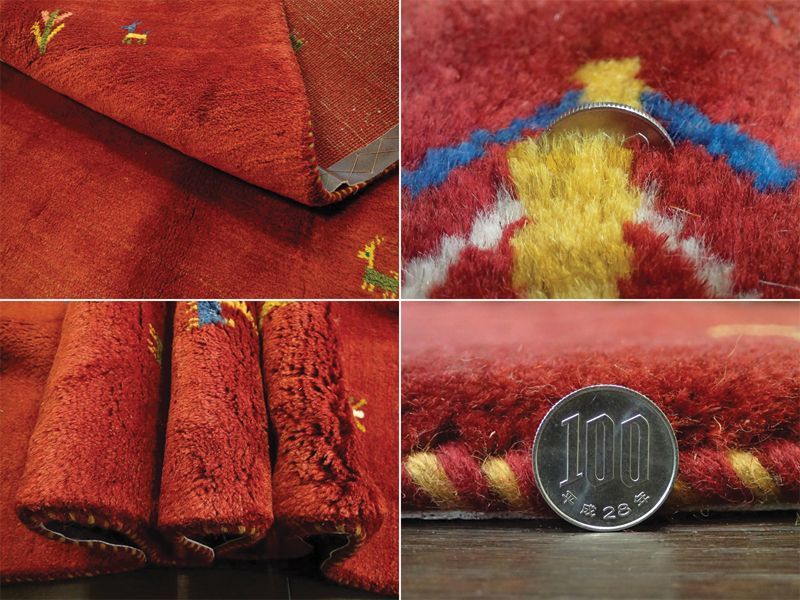 ペルシャ ギャッベ リビング 2m サイズ ラグ 200 x 157 cm 21 ハンドメイド ギャベ 天然 ウール 手織り 絨毯 カーペット エンジ  ワインレッド 赤 シンプル 動物 柄