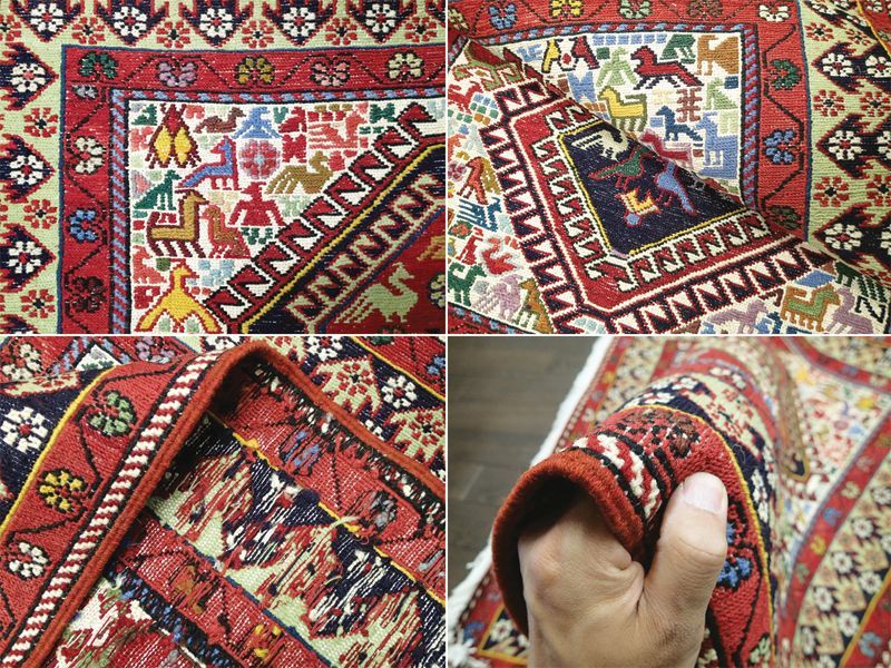 ペルシャ キリム グーチャン シルク ウール 1m 玄関 マット サイズ 100 x 82 cm 128 スマック 手織り トライバル ラグ 天然  ウール マット 絨毯 カーペット カラフル 動物 柄