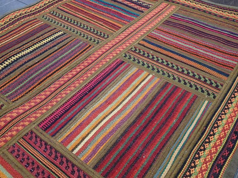 ペルシャ キリム ジャジム パッチワーク ラグ 縦1.2m アクセント サイズ 123 x 85 cm No.5485 平織り 天然 ウール 絨毯  敷物 マット カーペット 茶 赤 黄 カラフル マルチカラー 縞 模様 n-5485-123085sa08
