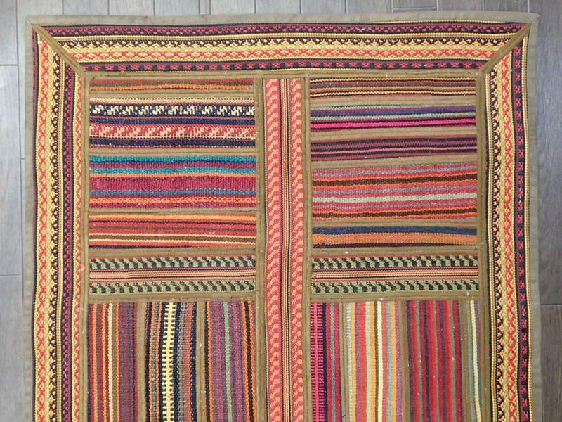 ペルシャ キリム ジャジム パッチワーク ラグ 縦1.2m アクセント サイズ 123 x 85 cm No.5485 平織り 天然 ウール 絨毯  敷物 マット カーペット 茶 赤 黄 カラフル マルチカラー 縞 模様 n-5485-123085sa08