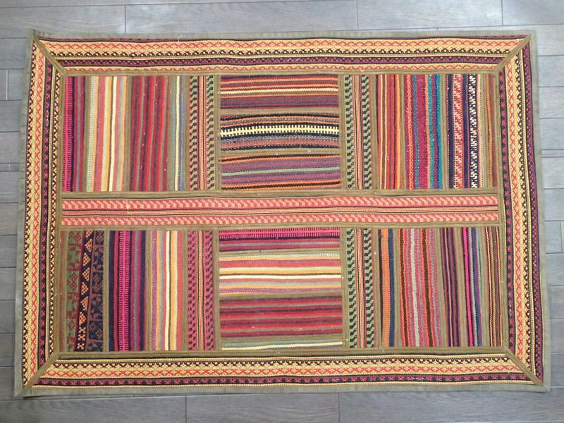 ペルシャ キリム ジャジム パッチワーク ラグ 縦1.2m アクセント サイズ 123 x 85 cm No.5485 平織り 天然 ウール 絨毯  敷物 マット カーペット 茶 赤 黄 カラフル マルチカラー 縞 模様 n-5485-123085sa08