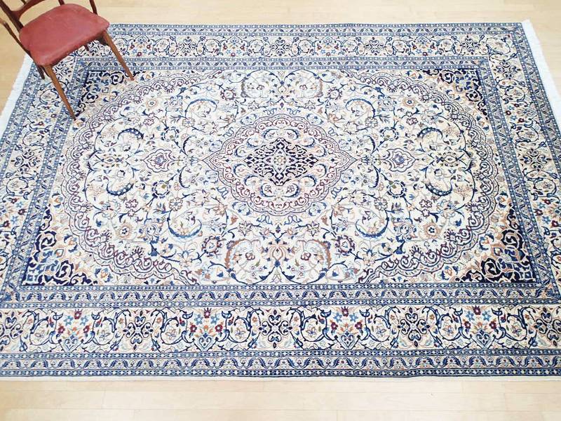 美品 ペルシャ 絨毯 ナイン 9la 3.6m リビング ダイニング 大判 サイズ 357 x 245 cm n226 コルク ウール シルク 手織り  ラグ ハンドメイド カーペット 敷物 クラシック スタイル クリーム アイボリー 生成り 白 青 ヴィンテージ