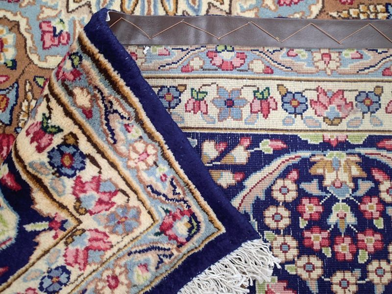 美品 ペルシャ 絨毯 ケルマン 4m リビング ダイニング 大判 サイズ 408 x 304 cm 65 ウール 手織り トライバル ラグ  ハンドメイド マット カーペット 青 ヴィンテージ 色鮮やかな花柄
